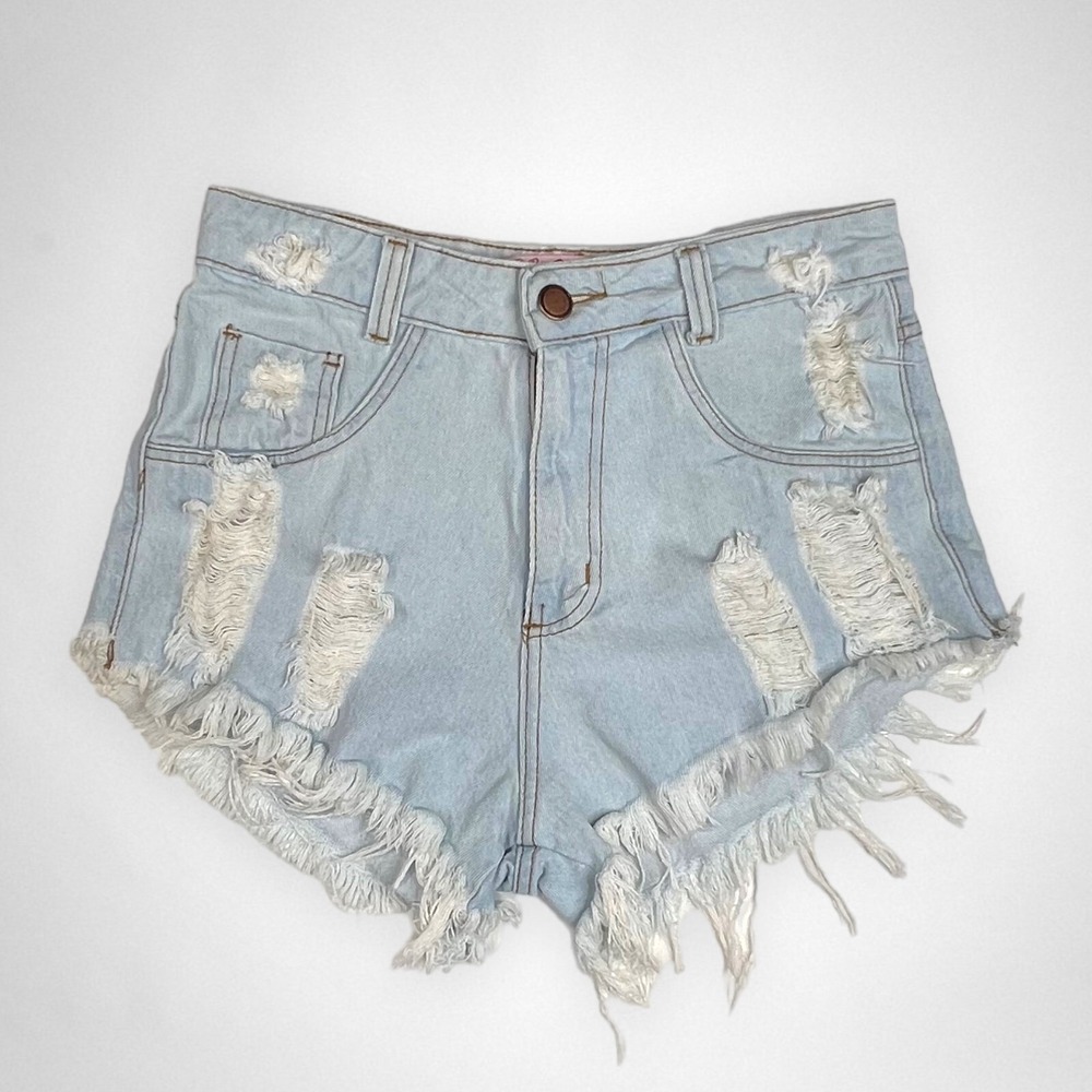 BY STAR‎ Large High Waisted Distressed Light Wash Jean Shorts Distressed Cut-Off